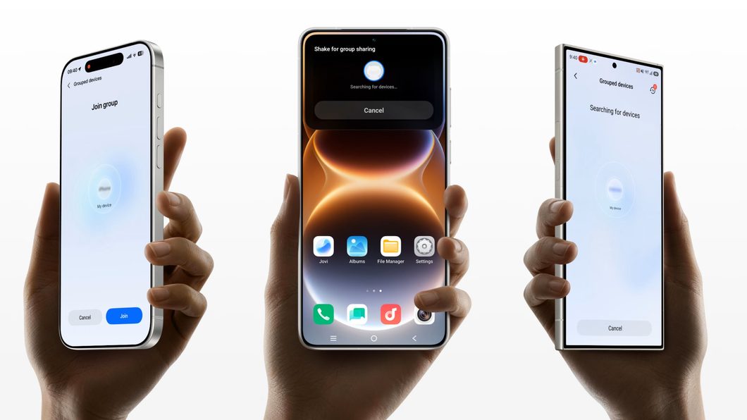 Três mãos segurando smartphones lado a lado exibindo telas de pareamento e busca de aparelhos próximos para a função de compartilhamento Shake and Share.