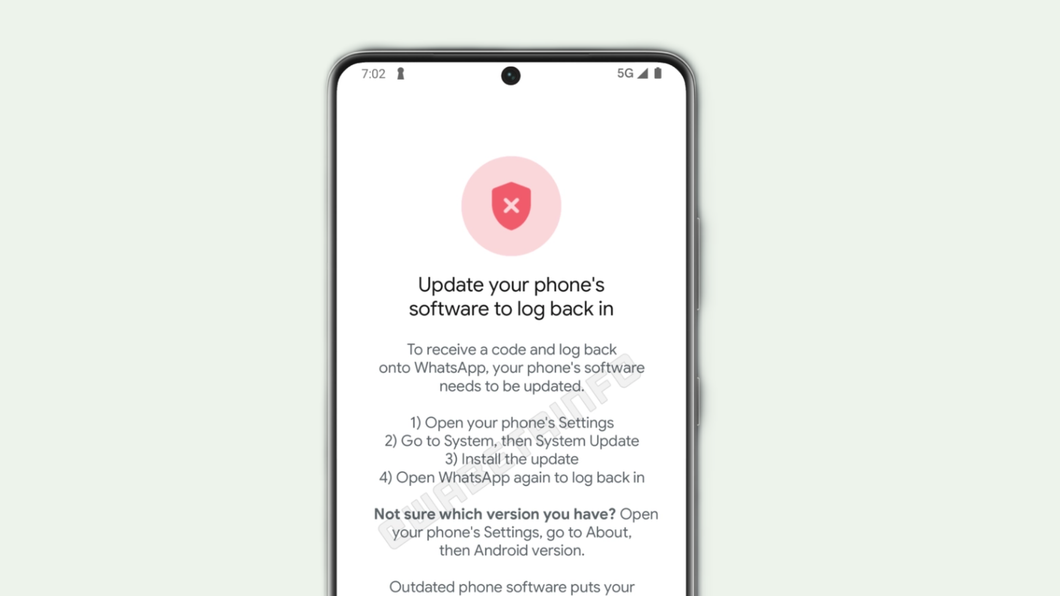 captura de tela do WhatsApp com mensagem de bloqueio por atualização de software